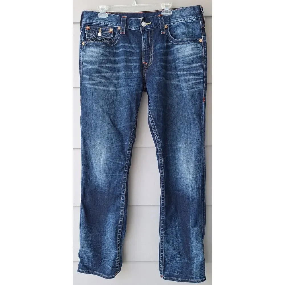 True Religion World Tour Ricky Flap Relaxed Straight Men's Blue Jeans Size 38x33